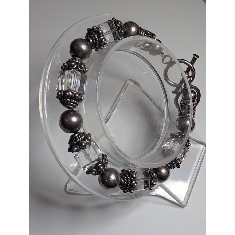 Retired Silpada Sterling Silver Clear Swarovski Cube Bali Bead Toggle Bracelet
